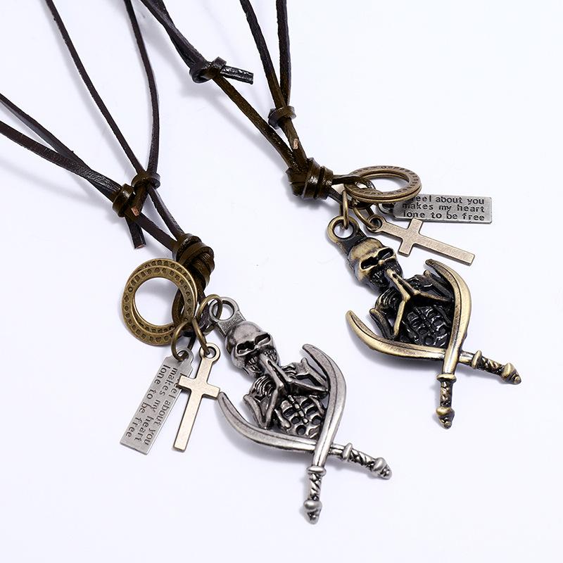 Винтажное мужское ожерелье из натуральной кожи, мужской кулон в виде скелета, цепочка для мужского воротника, длинный кожаный шнур, ожерелье в стиле панк