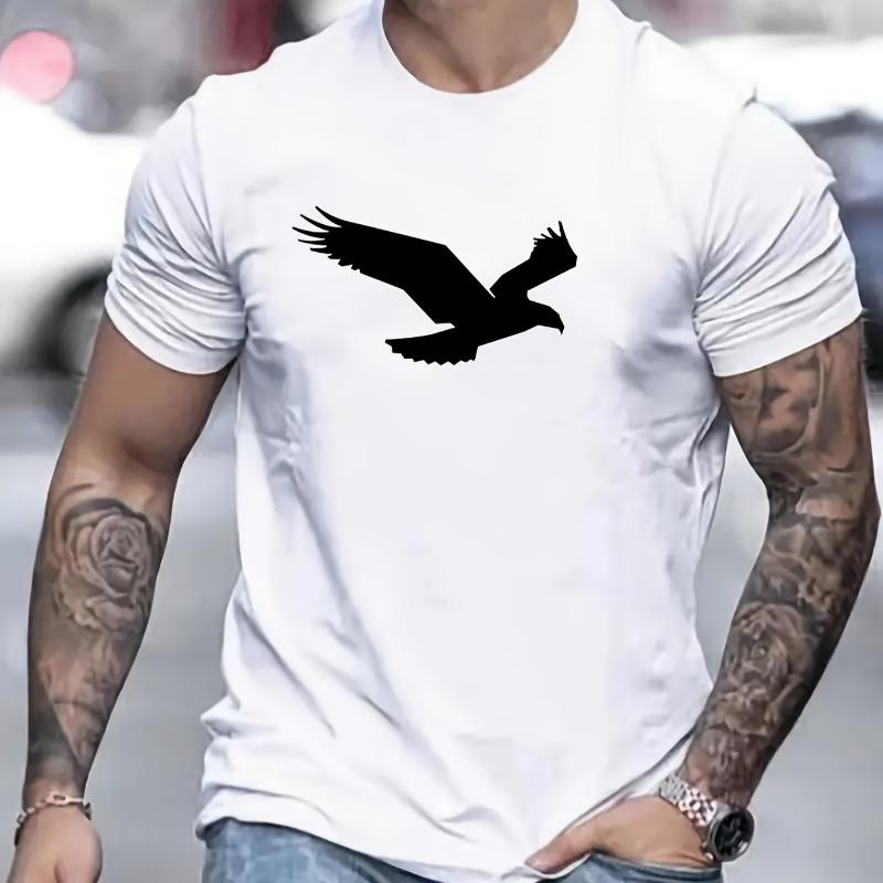 2024 Summer New Men's Simple Fashion Loose T-Shirt Eagle Print Round Neck Solid Color Short-Sleeved T-Shirt Casual Daily Tops