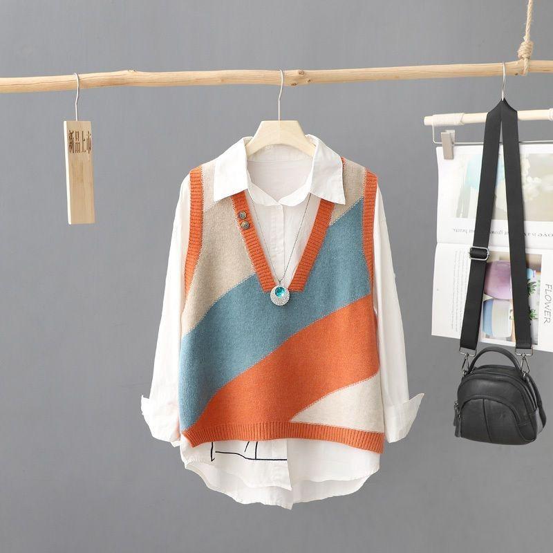 Spring and Autumn New Outwear Contrast Knitted Vest V-Neck Pullover Loose Sweater Vest Folded Vest Women Sweater Pullover Female