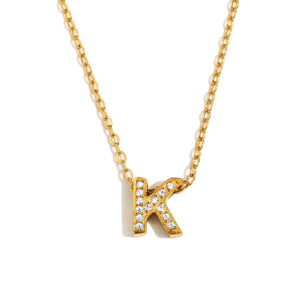 E.B.belle Shiny Mini Rhinestone 26 Letters Pendant Necklace 18K Gold Plated Stainless Steel Initial Fashion Women Neck Jewelry