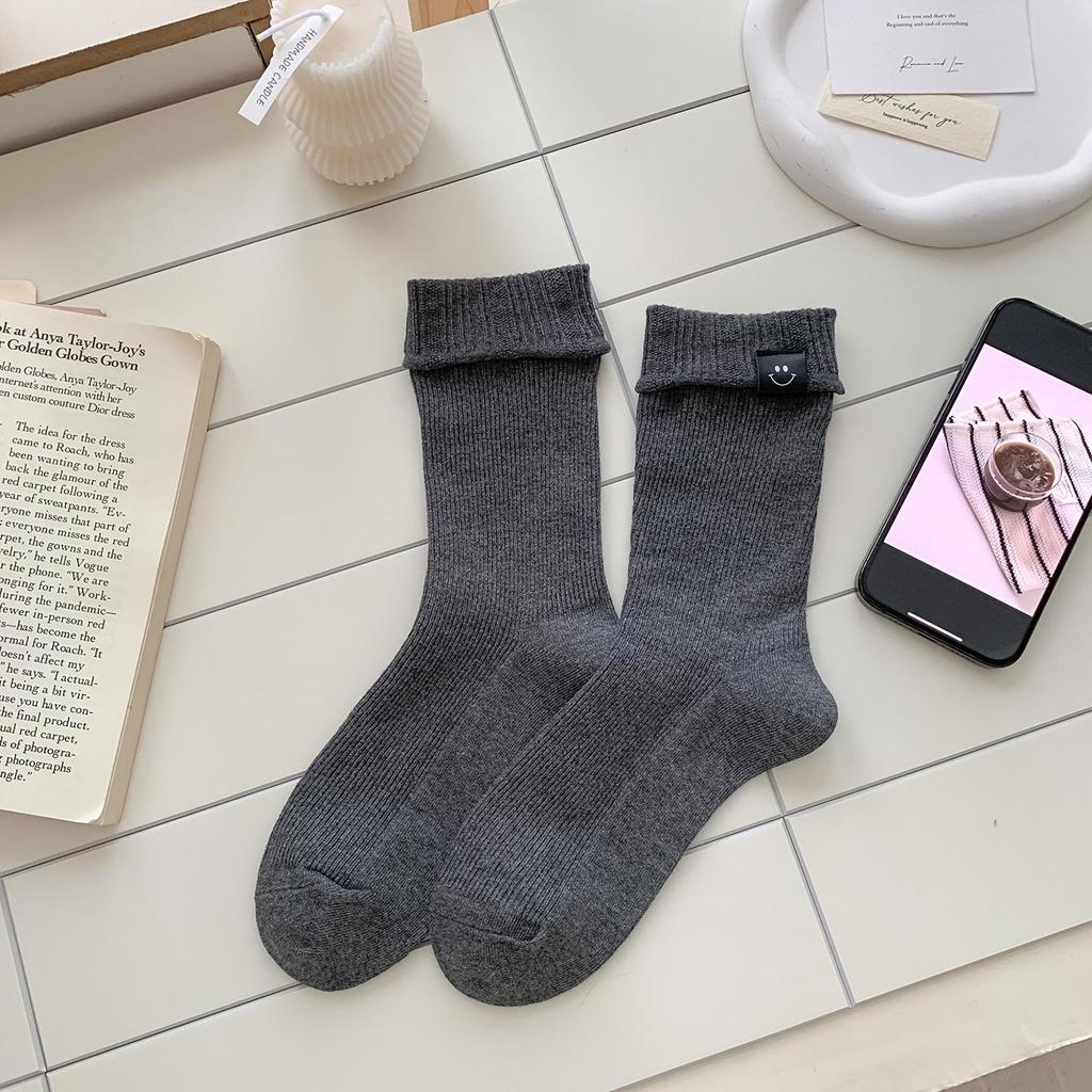 Женские гольфы до середины икры с отворотом и смайликом - Корейский стиль, Европейский тренд, Осень-Зима, Простой дизайн