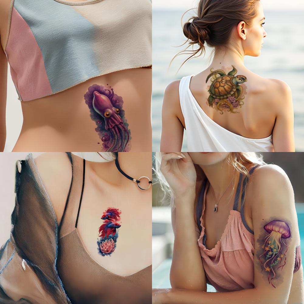 12 шт. Временные татуировки Боевые рыбки Разноцветные Реалистичные Морские звезды Странные рыбы Водонепроницаемые Долговечные Наклейки на тело Улитка Для