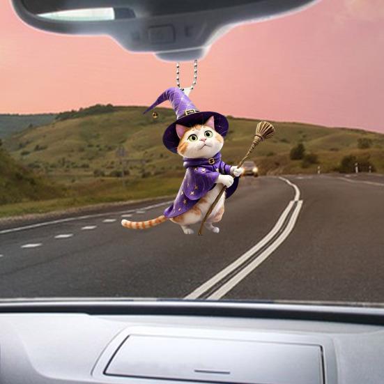 Wizard Hat Cat Hanging Decoration Home Indoor Christmas Tree Car Rearview Mirror 2D Flat Acrylic Broom Kitten Hanging Ornament Animal Pendant
