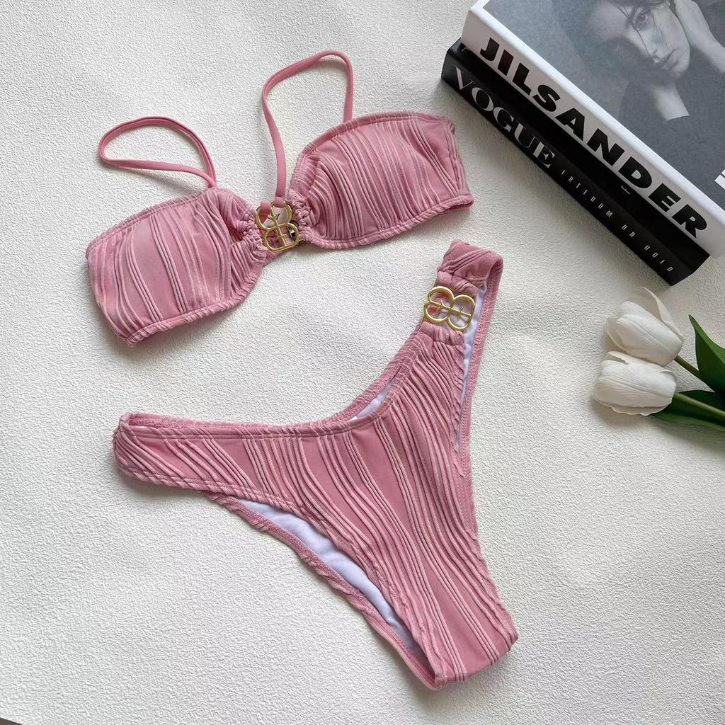 Multicolor Metal Buckle Bikini Swimsuit - European & American Style, Small Chest, Split Design for Women