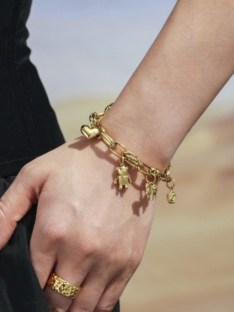 Браслет-цепочка из нержавеющей стали для женщин, с покрытием из 18-каратного золота, водонепроницаемый, не тускнеющий, с женскими шармами в виде сердца, медведя, цветка и банта