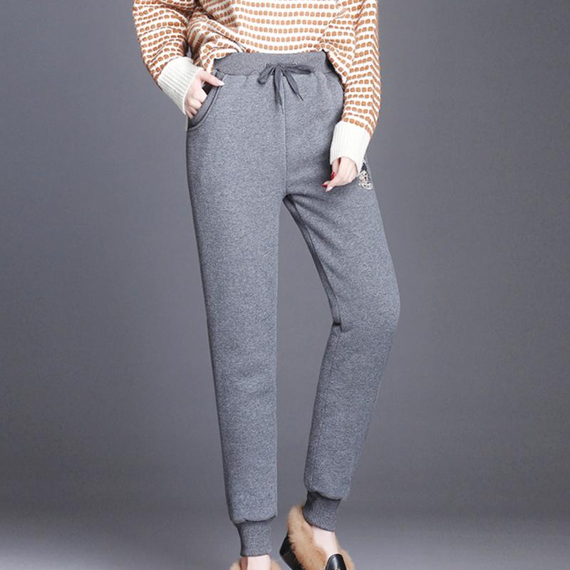 Women Black Grey Plus Size Sweatpants Winter Embroidery Casual Pants Fleece Lined Velvet Warm