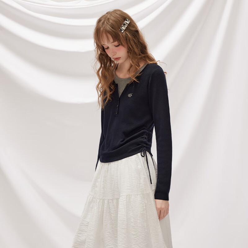 unifree American Retro Faux Two-Piece Color Block Pullover Knitted Sweater