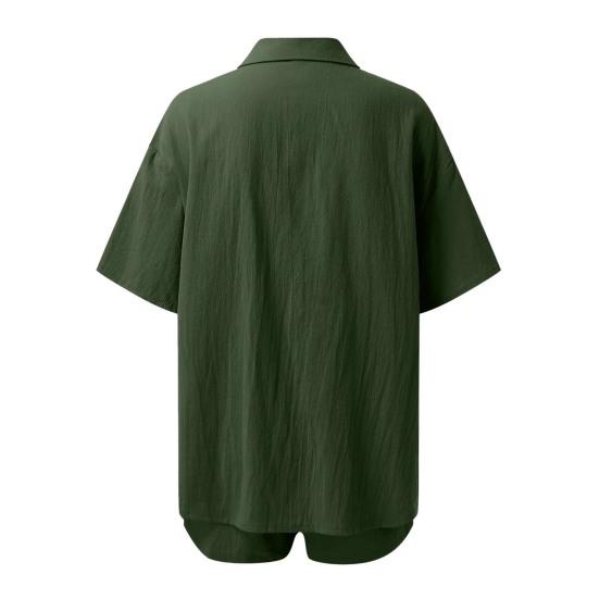 Женский комплект из 2 шт./компл., однотонный цветной воротник с лацканами, рубашка с короткими рукавами, шорты, блузка с высокой талией, свободная выше