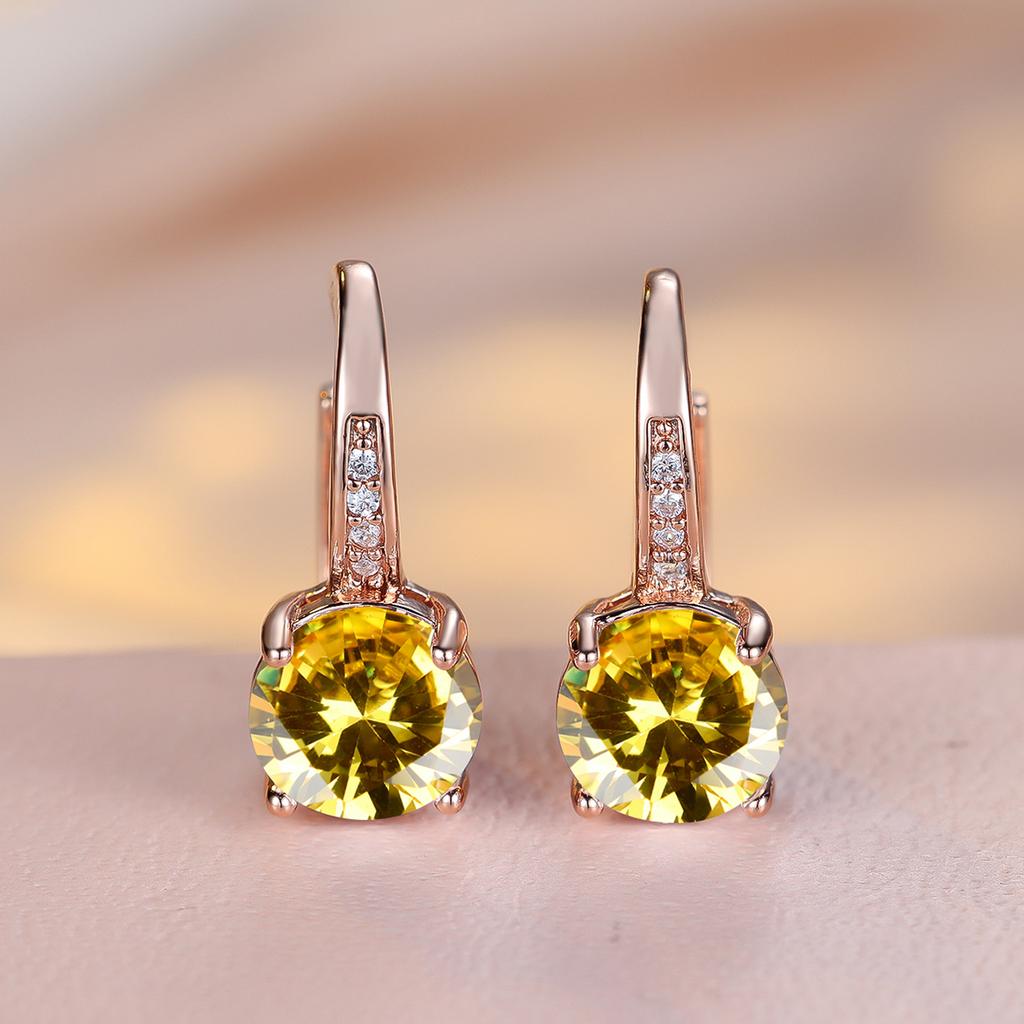 1 Pair Rose Golden Color Round Cut White Blue Red Green Stone Drop Earrings Fashion Women Wedding Jewelry Luxury Accessories