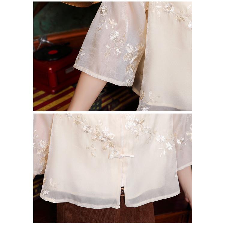 Spring Long Sleeve Mandarin Collar Embroidered Shirt for Women