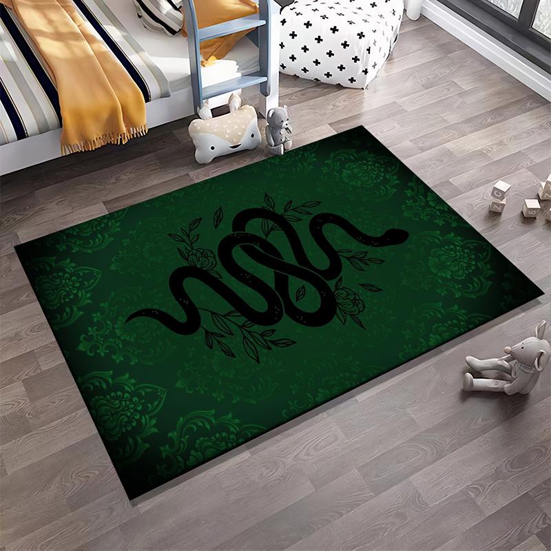 Black Snake on Green Patterned Backdrop Non-slip rug suitable for living room and bedroom sofas.