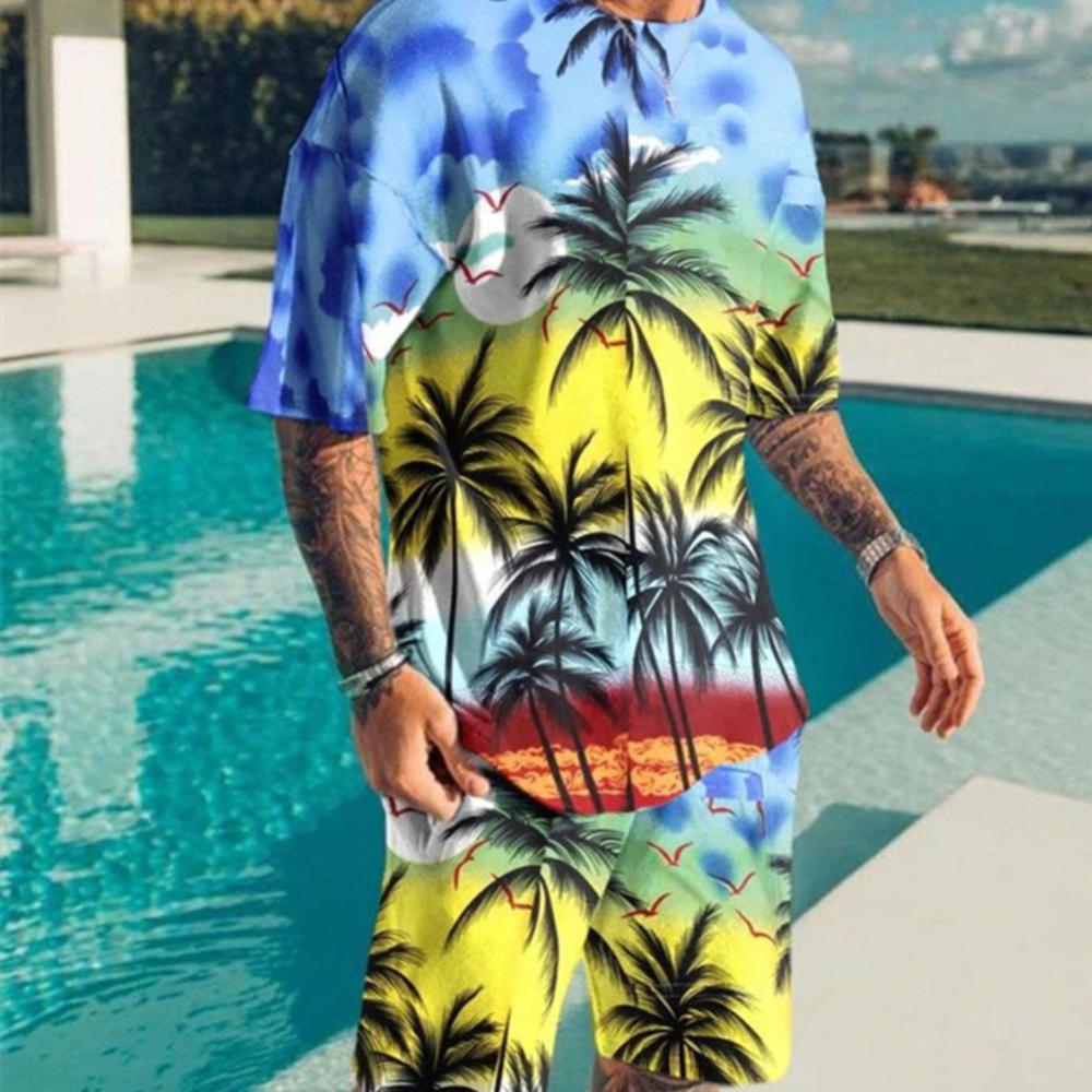 Летняя модная мужская футболка дорожный комплект спортивные костюмы повседневная футболка с короткими рукавами в праздничном стиле + шорты брюки костюмы мужская одежда