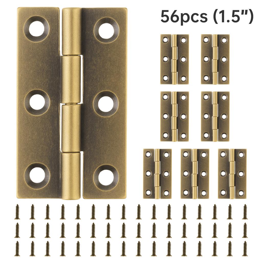 1.5 Inch Solid Brass Mini Butt Hinges, 8 Pcs with 48 Screws for Jewelry Box / Small Cabinet / Wooden Craft Hardware
