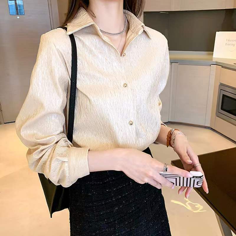 Весна Осень Новая женская однобортная рубашка для поездок на работу Элегантная стильная блузка с воротником-поло в винтажном стиле с длинным рукавом для женщин