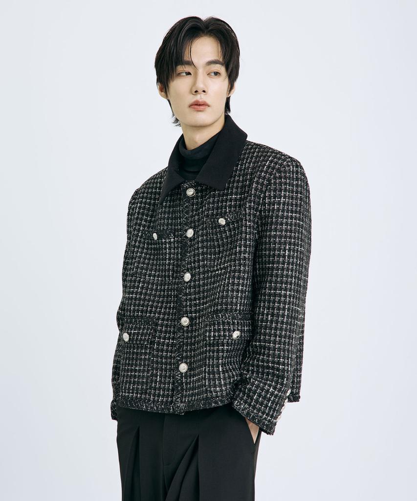 TEN PAST SEVEN Oversized Contrast Collar Tweed Jacket