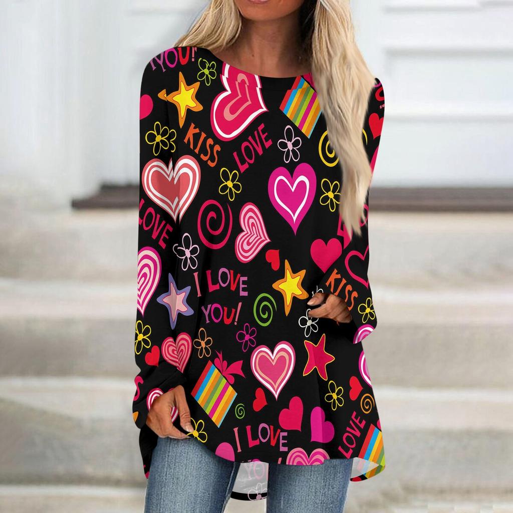 Женская мода повседневная блузка с длинным рукавом и принтом «Любовь ко Дню святого Валентина», круглый вырез, пуловер