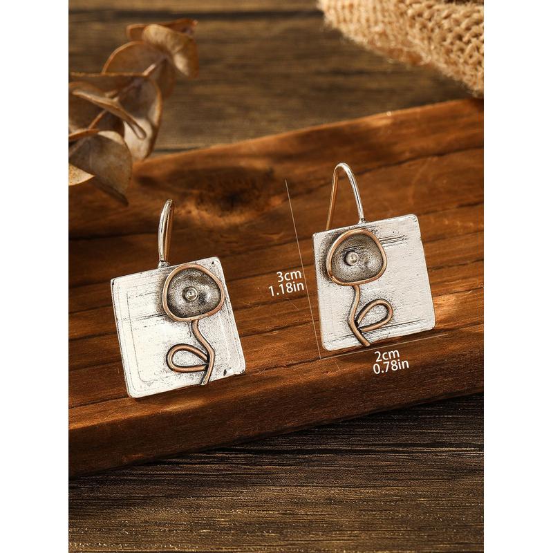 Винтажные металлические квадратные геометрические серьги-подвески с цветочным резным узором, подходящие для женских украшений