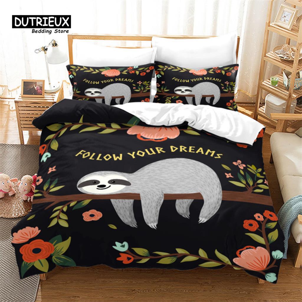 Милый мультяшный ленивец пододеяльник цветочный принт листья комплект постельного белья для детей подростков декор спальни цветы одеяло чехол наволочки