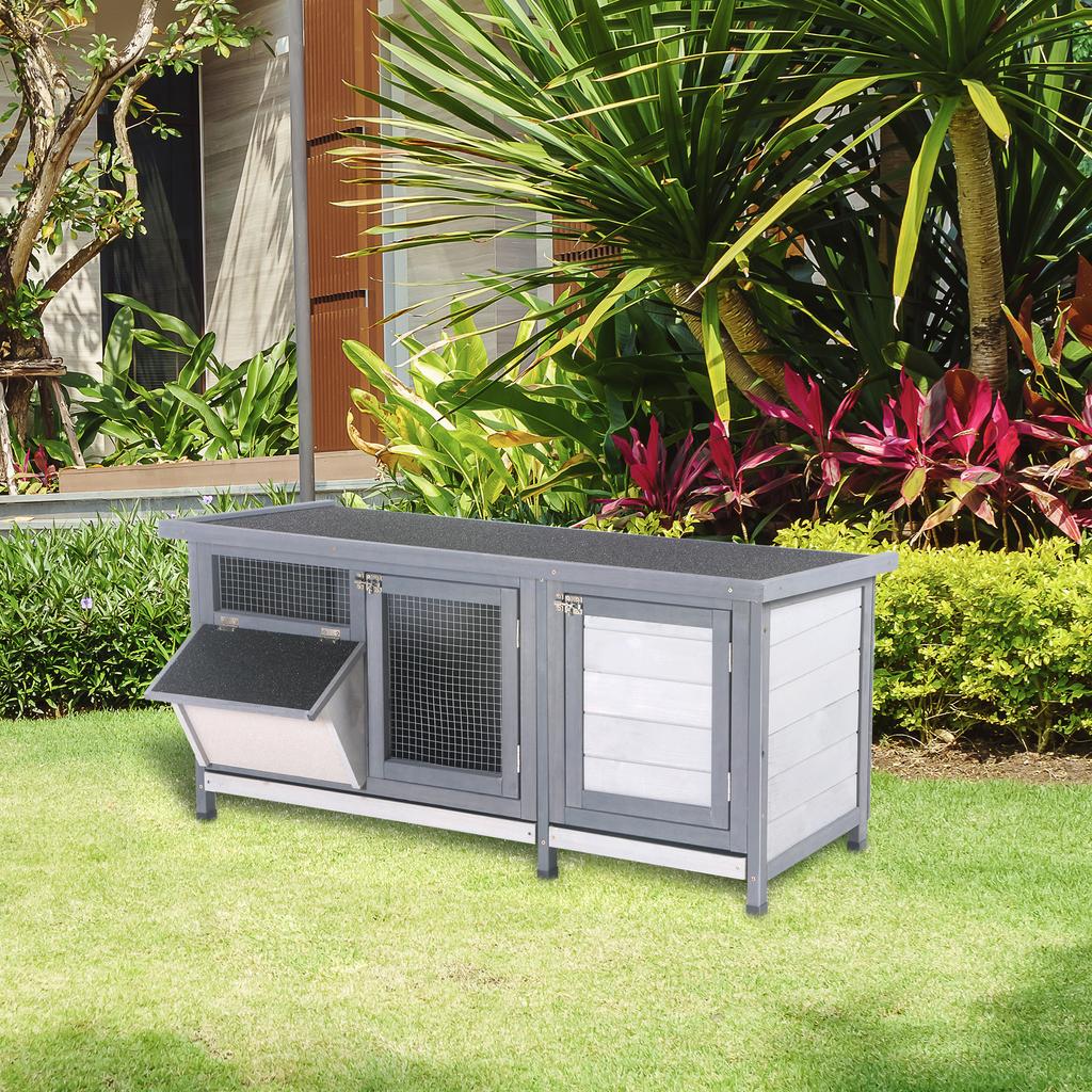 Winterproof wooden rabbit hutch, 112x50x54 cm, with bitumen roof, 2 doors, metal mesh, suitable for rabbits and guinea pigs, outdoor, grey and black