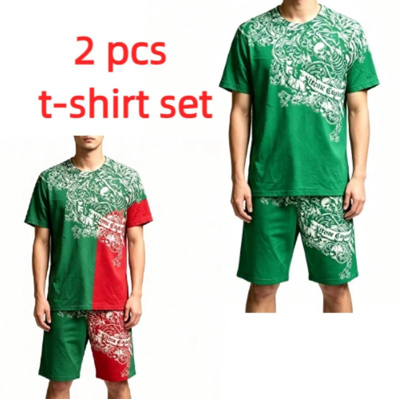 Summer Casual Retro Skull Printed Round Neck Short Sleeved Kids T-Shirt And Shorts Set Boy's and Girl's T-shirt Shorts Set