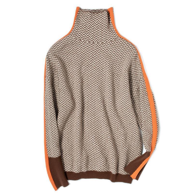 Lazy Loose Contrasting Color Sleeve All -wool High -necked Sweater Sweater Female Autumn and Winter Women