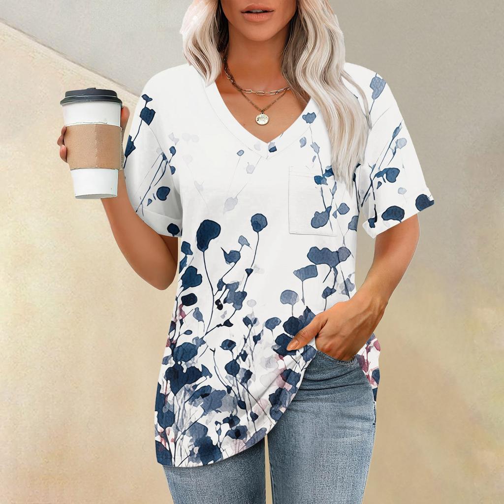 Футболка с коротким рукавом и V-образным вырезом с принтом растений