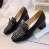 Fashion Lady Heels Fall New Square Toe Deep Mouth Spliced Bow Slip Foot Anti-Slip Wear-Resistant Block Heel Single Shoes