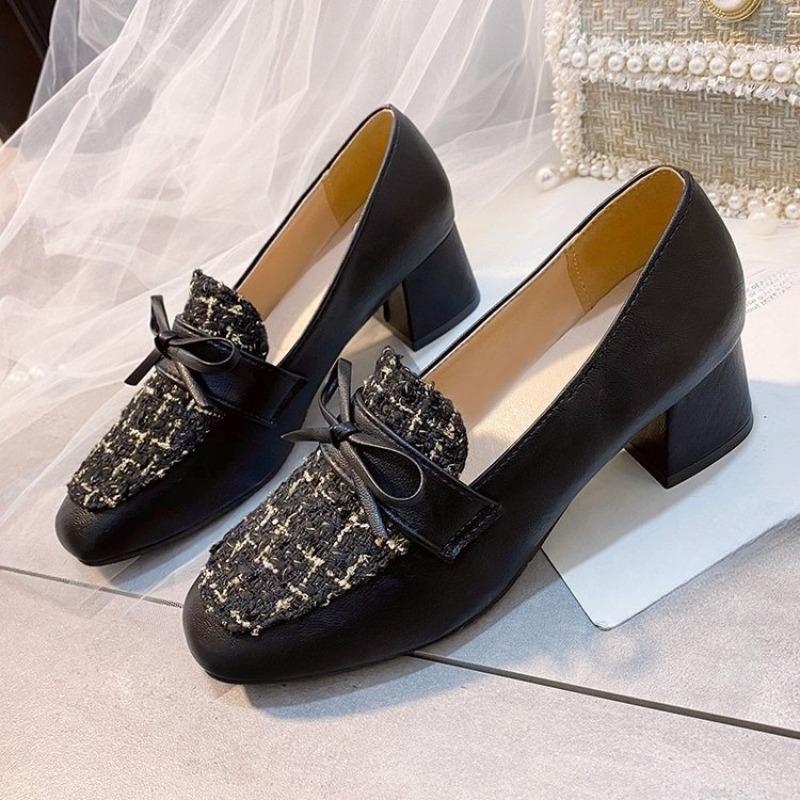 Fashion Lady Heels Fall New Square Toe Deep Mouth Spliced Bow Slip Foot Anti-Slip Wear-Resistant Block Heel Single Shoes