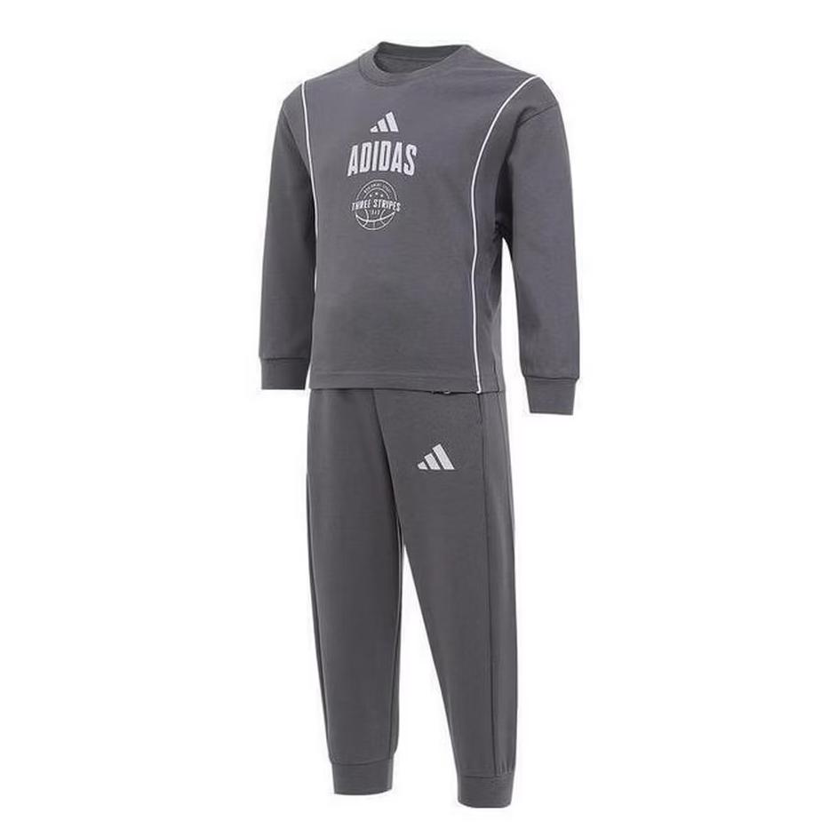 adidas Повседневный спортивный костюм Ss25 Свитшот с круглым вырезом и длинным рукавом Модные простые брюки на кулиске Костюм для детей Темно-серый KC1551