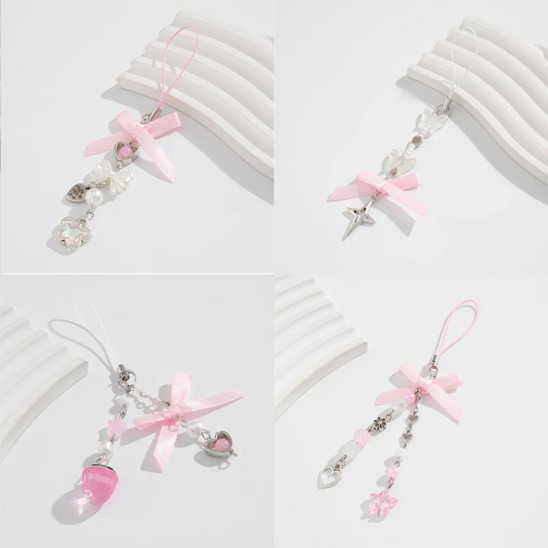 Fashion Sweet Y2K Girls Ribbon Bow Beaded Keychain Alloy Love Heart Star Rabbit Strawberry Pendant Pearls Glass Beads Chains Jewelry Accessories