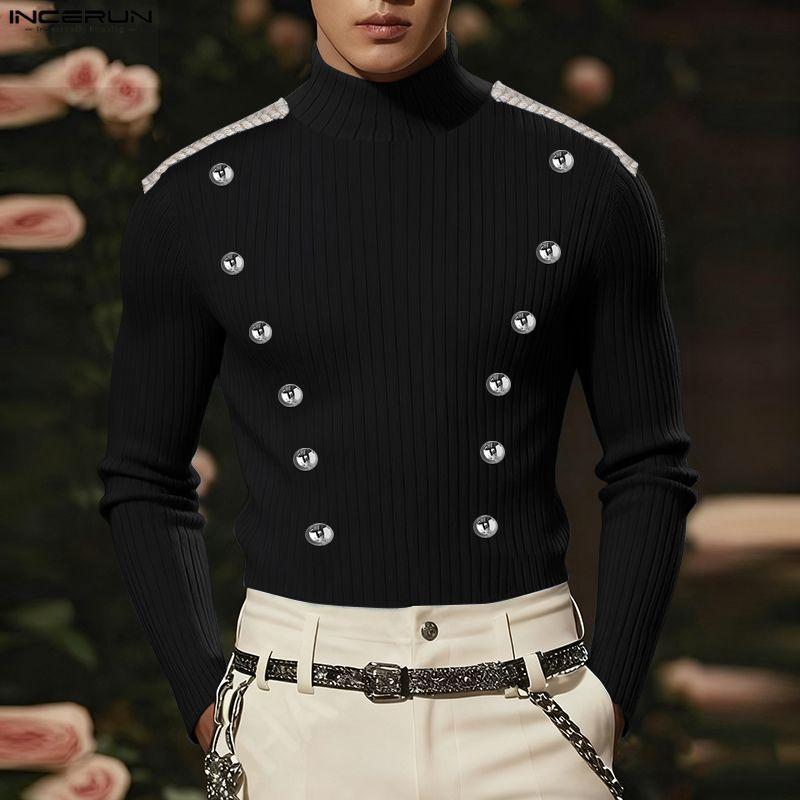 INCERUN Весенние мужские футболки с высоким воротом, длинным рукавом, декоративными пуговицами, приталенные, топы, майки