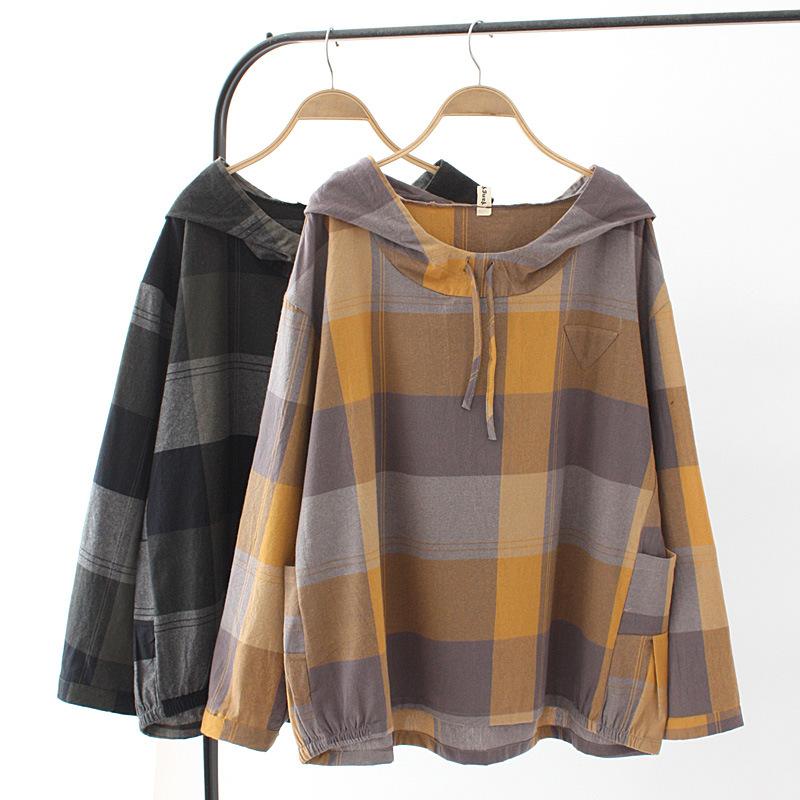 Футболка женская большого размера, весенняя, свободная, в клетку, с завязками, с длинными рукавами и капюшоном