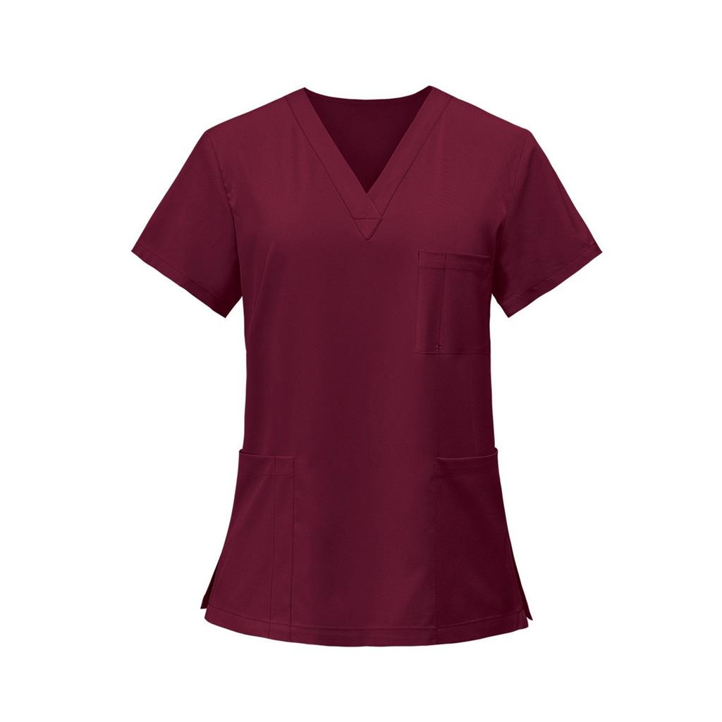 Ladies' Lightweight Solid Color V-neck Multi Pocket Side Slit Short Sleeved Shirt
