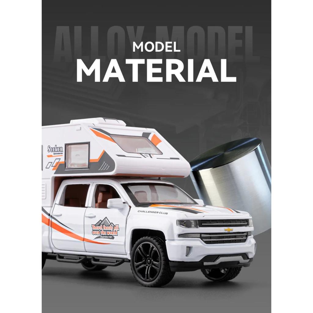 1/32 Пикап Silverado RV Модель автомобиля для отдыха Литой Кемпер Фургон Автодом Туристические транспортные средства Модель автомобиля Звук Свет Детская игрушка Подарок