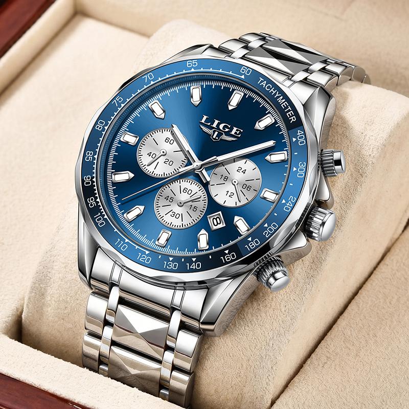 LIGE New Luxury Gold Men Watch Outdoor Sports Wateproof Chronograph Quartz Wristwatch Business Sport Male Clock Montre Homme+BOX