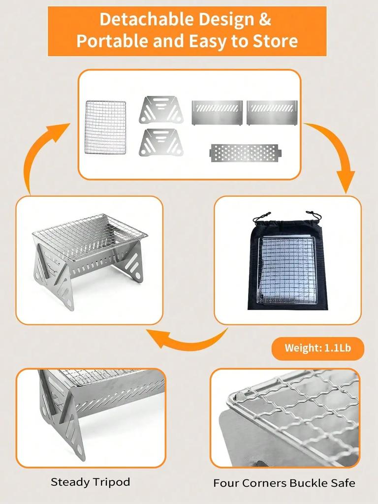 Leeseph Portable Charcoal Grill, Small BBQ Grill Stainless Steel Camping Fire Pit for Camping Patio Outdoor Detachable Grill