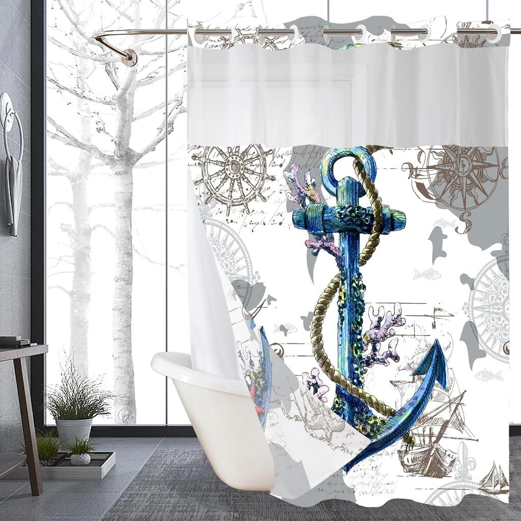 Морская шторка для душа без крючков со вставной подкладкой, Якорь Штурвал Корабля Гостиничные Шторы для Ванной Декоративные для Ванной Комнаты, Океанский Прибрежный Морской Домашний Декор,