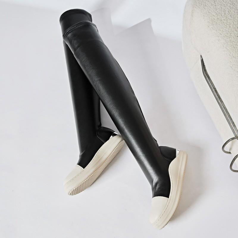 Womens Over-the-Knee Stretch Boots Size 44 Wide Fit Flat Heel PU Leather Round Toe Warm All-Season