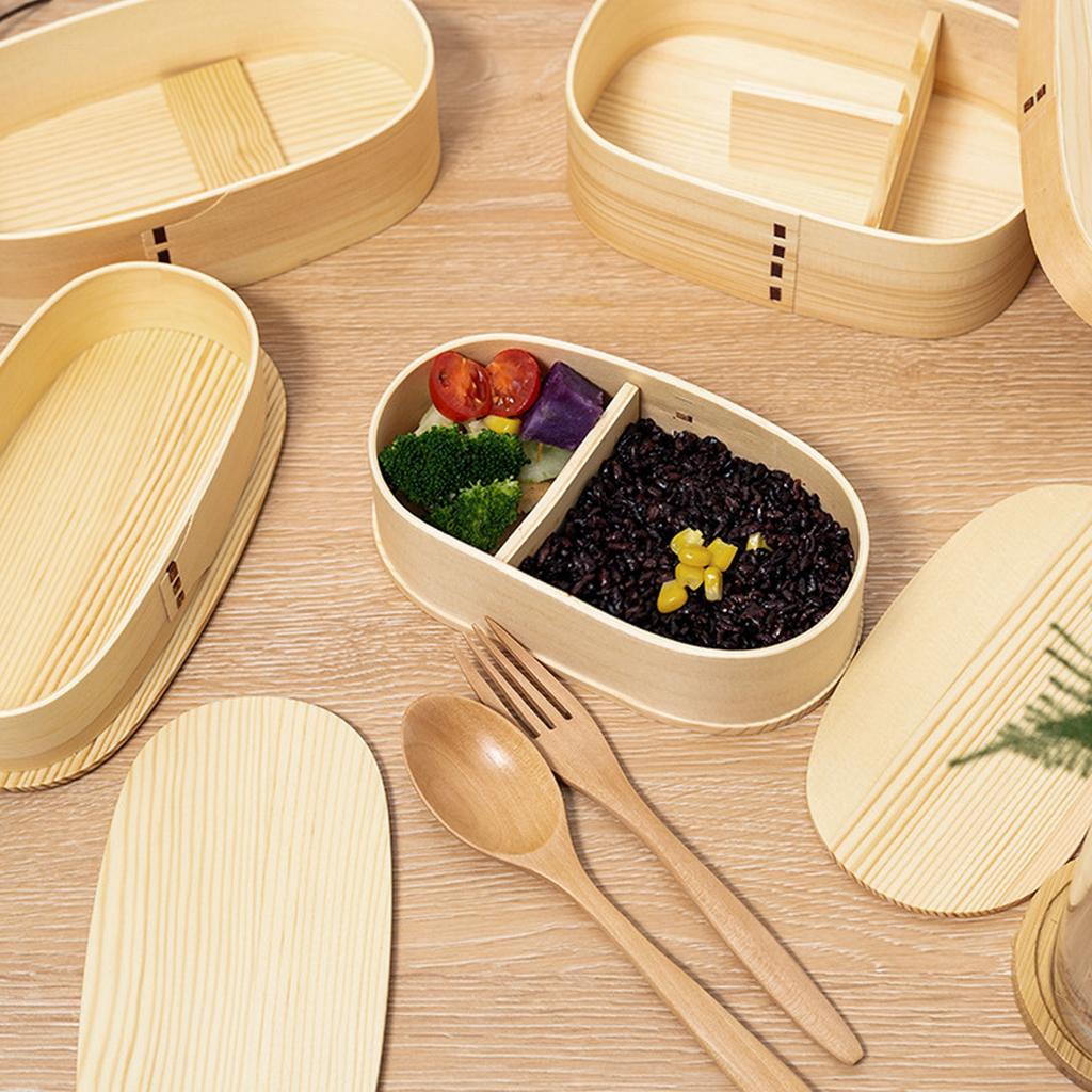 Lunch Box Set Japanese   Wooden Food Storage Container for Students Workers 19x10x9.5cm