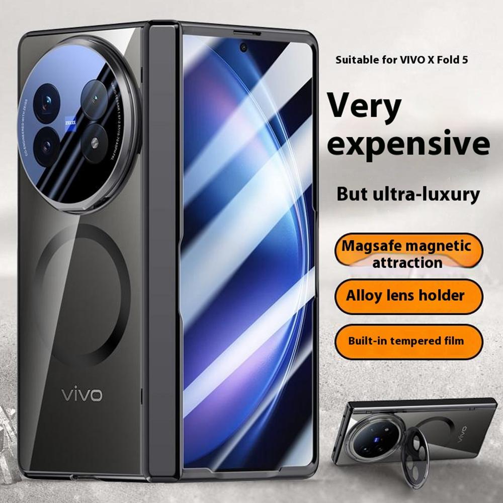 For vivo X Fold5 5G Magnetic Case PC+Acrylic Phone Cover with HD Tempered Glass Film,Lens Kickstand