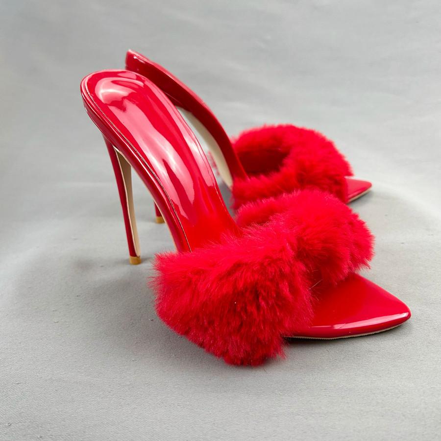 Сексуальные женские босоножки с меховым покрытием красного цвета на каблуках 12 см, свадебные туфли, женские тапочки, большие размеры 33-45