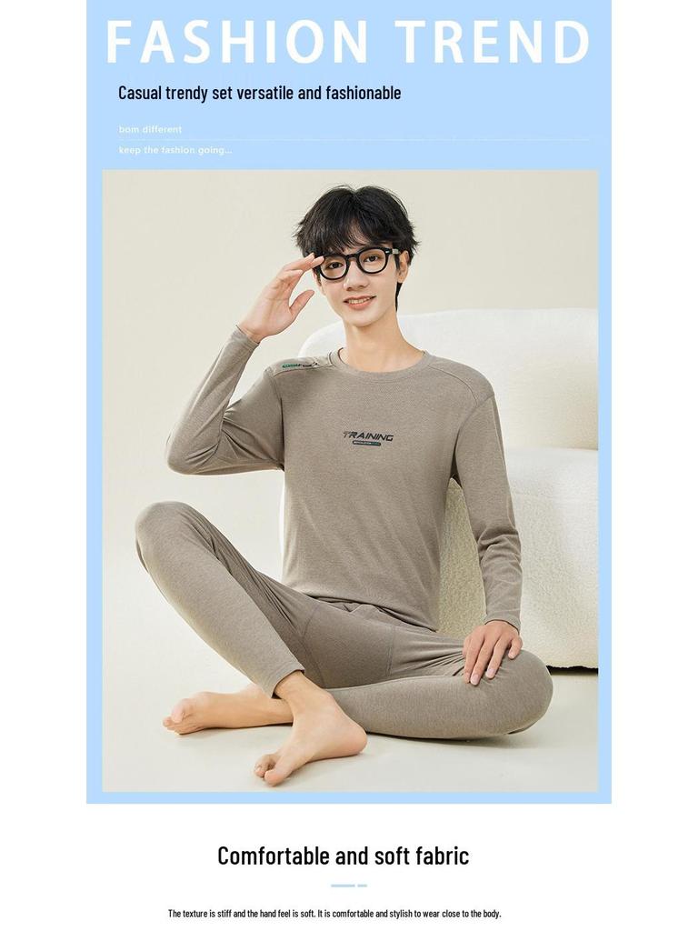 Мужской осенний комплект термобелья: Шерстяной свитер и брюки для студентов-подростков - Теплая смесь хлопка