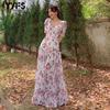 Женская мода лето весна цветочный узор принт с коротким рукавом V-образным вырезом с высокой талией повседневные платья