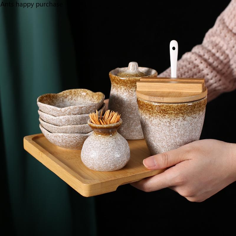 Керамическая банка для приправ, контейнер для специй, банка для специй, набор коробок для приправ, деревянные поддоны, солонка, масленка, баночки для зубочисток, блюдо для дегустации