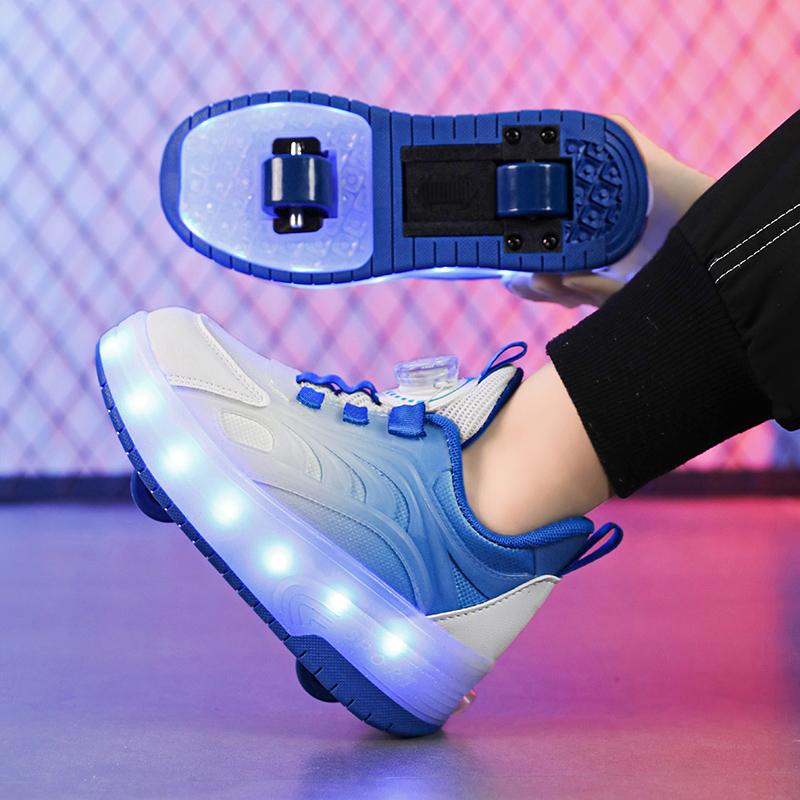 Двухколесные светящиеся туфли для мальчиков Кожаные светящиеся роликовые коньки с вращающимися кнопками Туфли для девочек Glitter Bright Light Shoe Tide