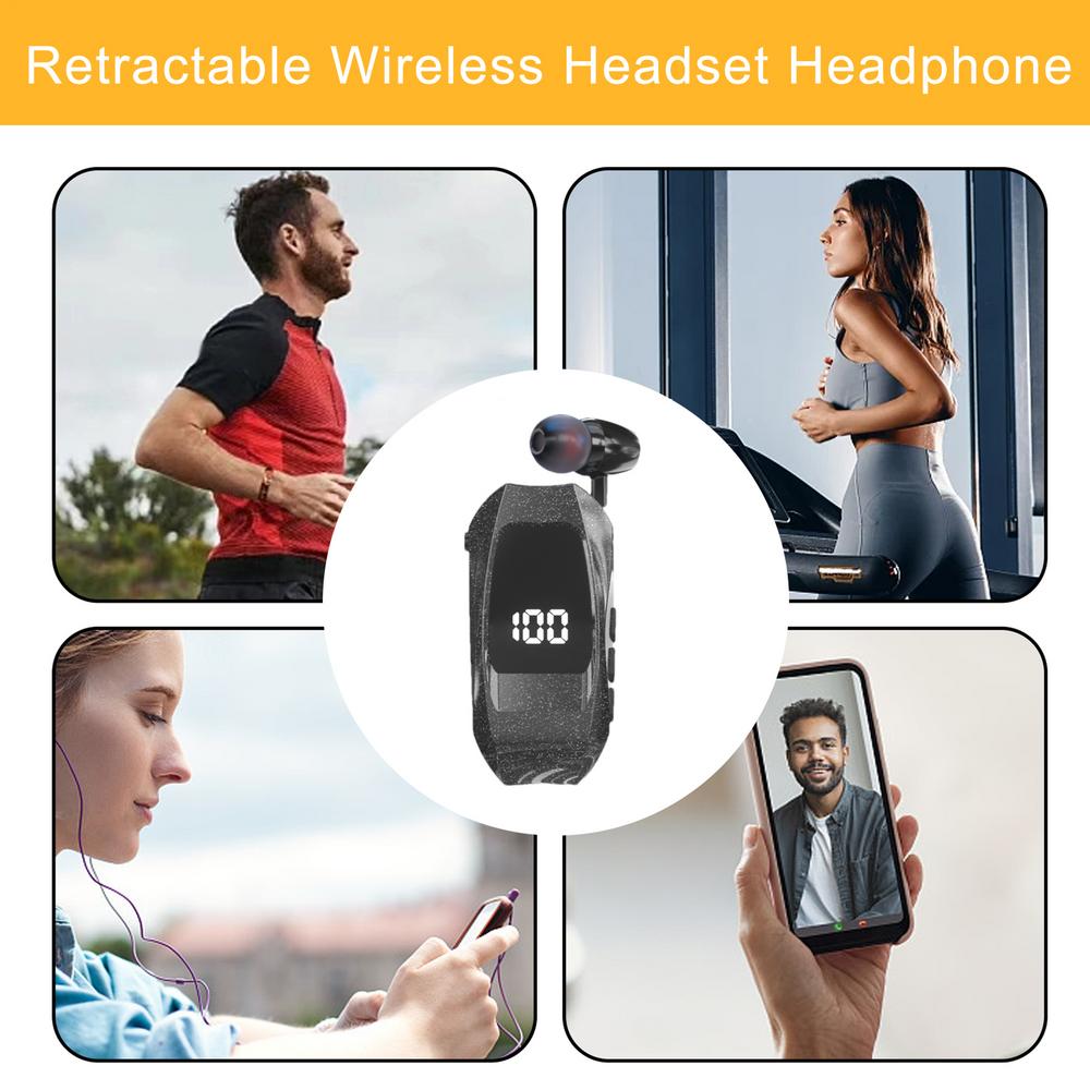 Retractable Wireless Headset Headphone Stereo Earphone V5.0 Noise Cancelling Mic Clip on Earpiece Comfortable HandsFree Headset
