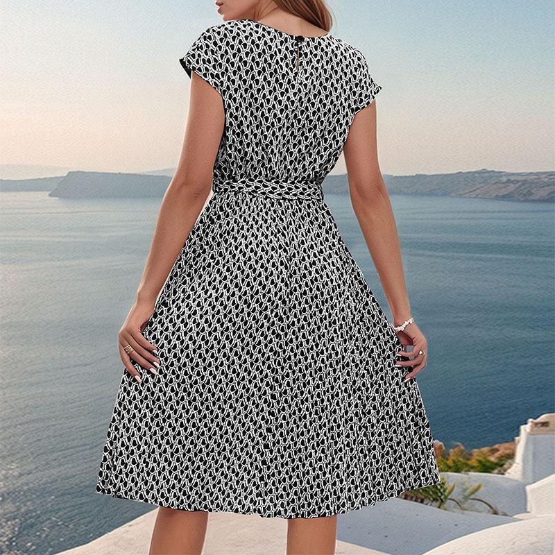 Summer Women's Dress Round Neck Elegant Fashion Printed Pleated Dresses