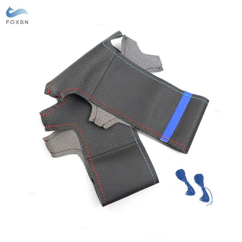 Для BMW M Sport 3 5 Series E46 E39 M3 M5 Ручная оплетка Автомобильный чехол на руль Черная перфорированная кожа Красная синяя линия Синяя полоска