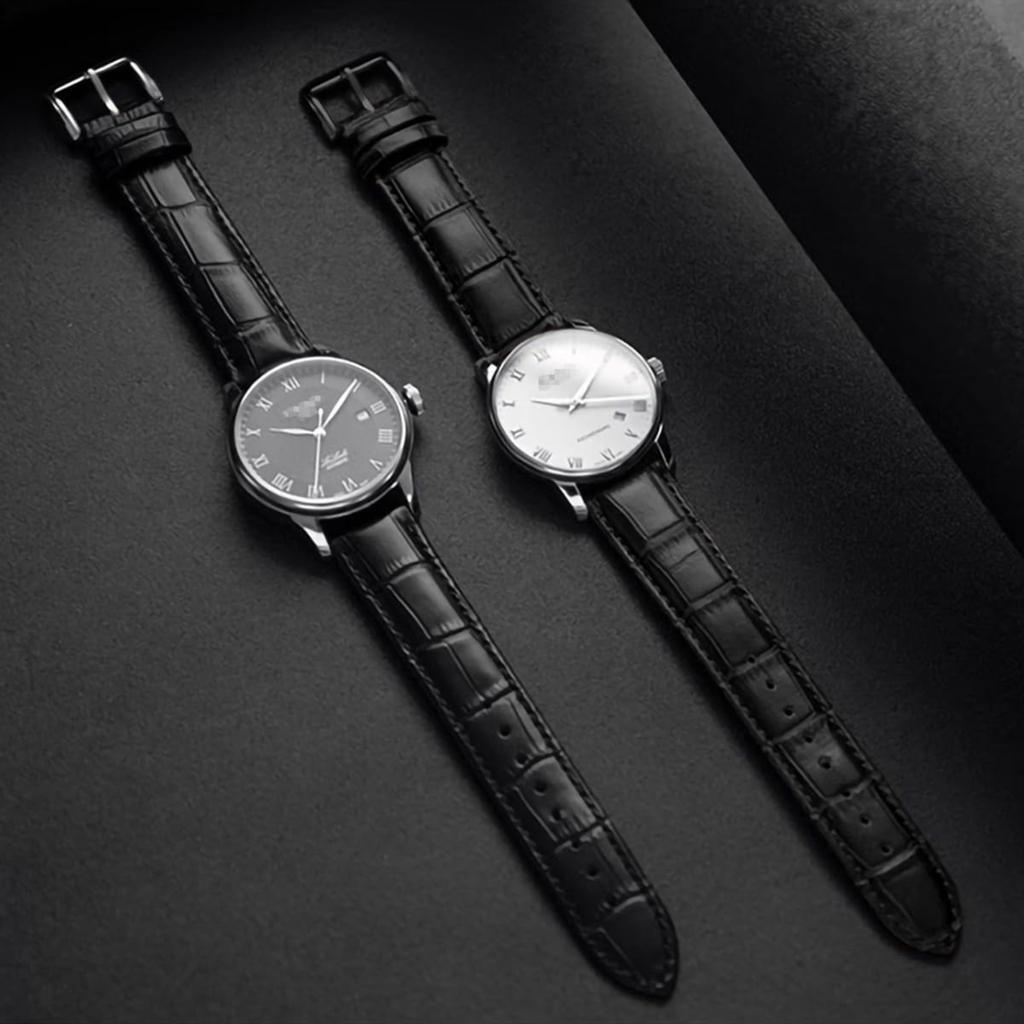 Bamboo alligator leather genuine watch strap with double push-button clasp/black-18mm