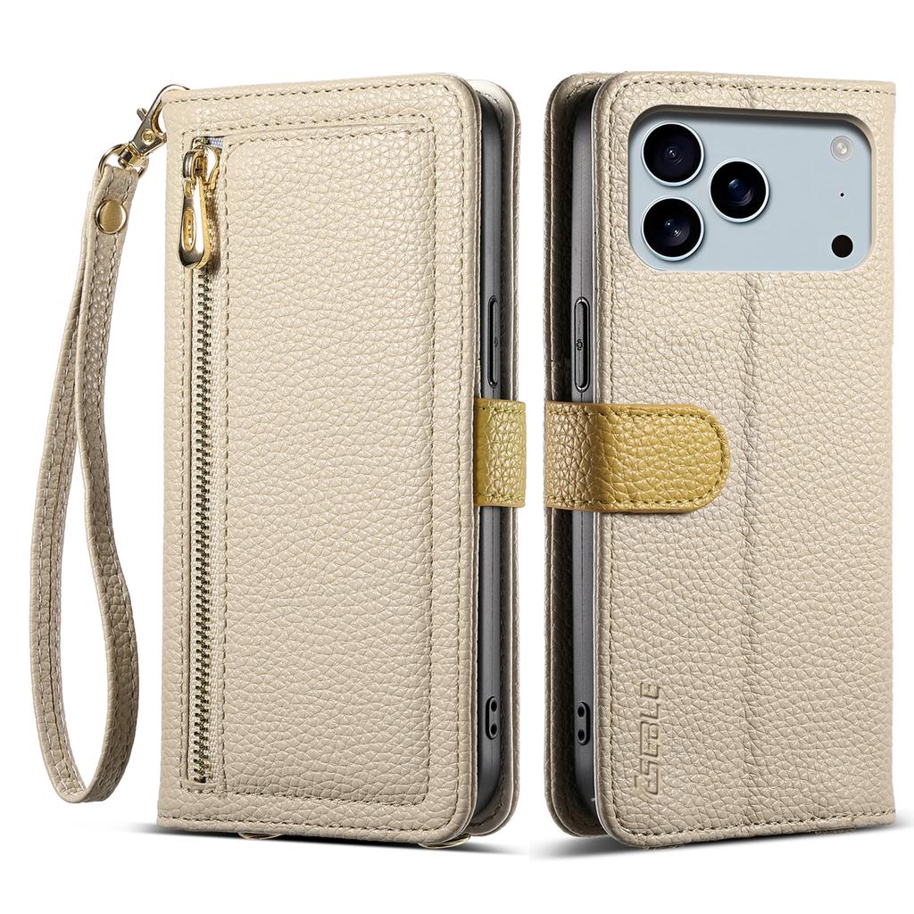 ESEBLE E11 For iPhone 17 Pro Max Case Zipper Pocket Litchi Texture Leather Phone Cover with Mirror and Wrist Strap